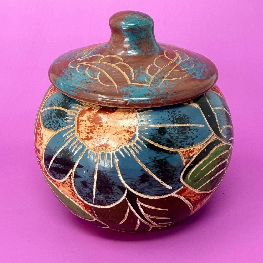 Vintage Hand‎ Painted Pottery Lidded Jar Folk Art Small Decorative 1990s
